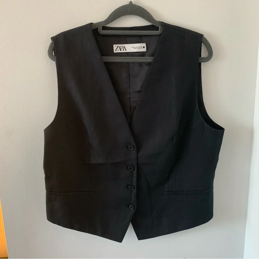 Zara Tailored Linen Blend Vest Waistcoat‎ In Black Size XL